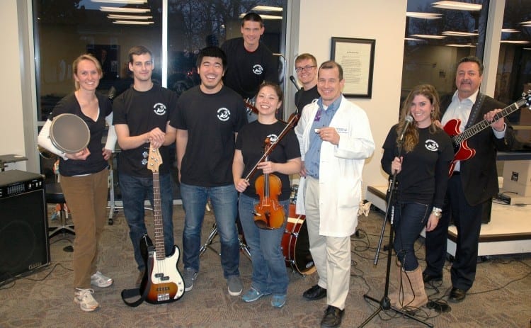 Muscle Energy members include (from left) Lindsay Brewster, Julian Cammarano, Andrew Chang, Brian Tacke, Grace Ouyang, Logan Kolb, Jose Figueroa, Allison Zindell and Rich Salas. DMU students Erika Grey, Jude Rooney Harris, Adam Singer and Janean Wedeking, as well as her husband, Derek, also have performed with the group.